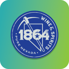 1864 Wine & Spirits logo, Pure Nevada branding in blue and white.