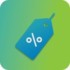 Blue discount tag icon with a percentage symbol, representing exclusive coupons and deals.