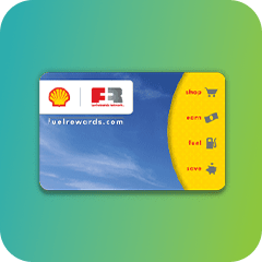 Shell Fuel Rewards card, featuring the Shell logo and reward categories for shop, earn, fuel, and save.