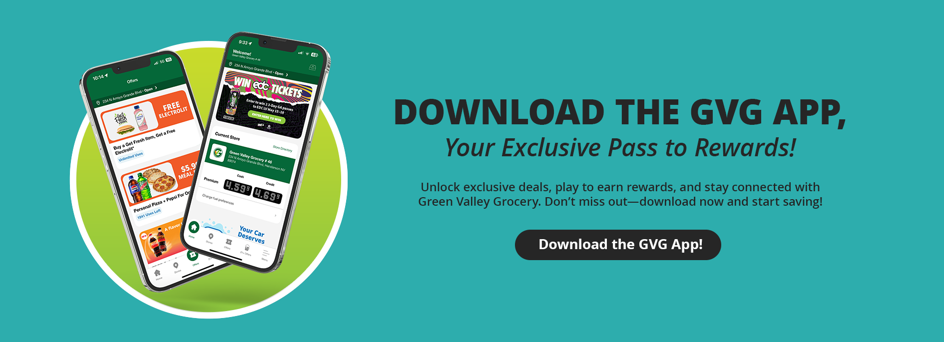 Green Valley Grocery App download promotion - Get a free Gatorade for registering. Available on iOS and Android.